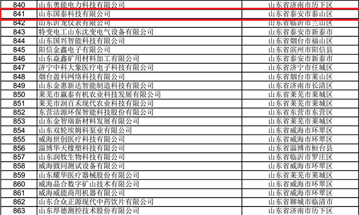 國(guó)泰科技成功入圍山東省2018年第一批科技型中小企業(yè)名單